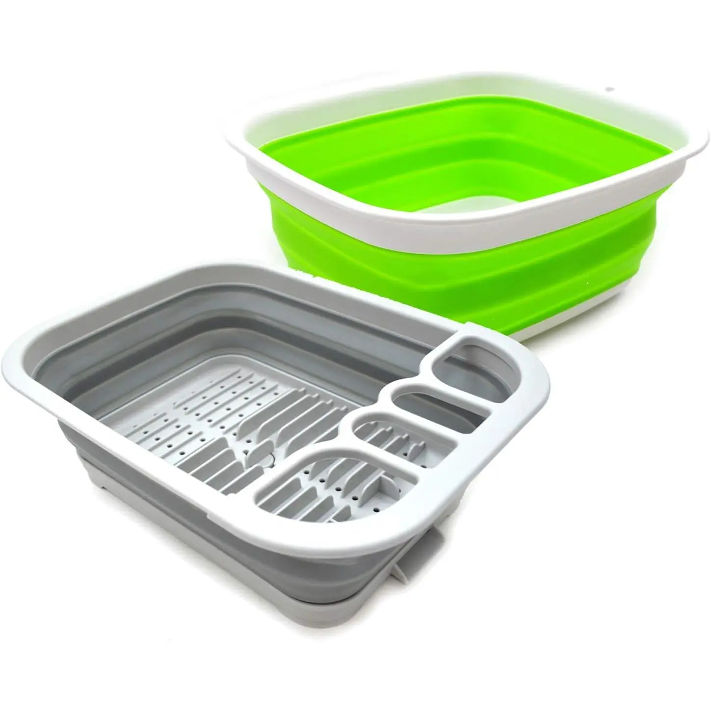 2 count Kitchen & Outdoor Set : Collapsible Dish Drainer & 7.7L Collapsible Plastic Tub/Basin (2, Grey+Green)