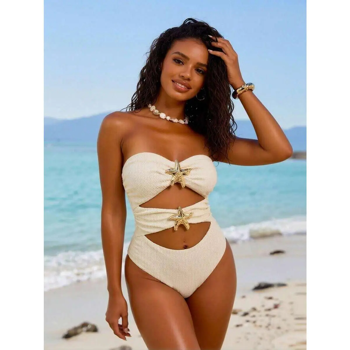 2026 Women's Luxe One-Piece: Cream Textured Bandeau With Gold Starfish Hardware And Double Cutout Detail