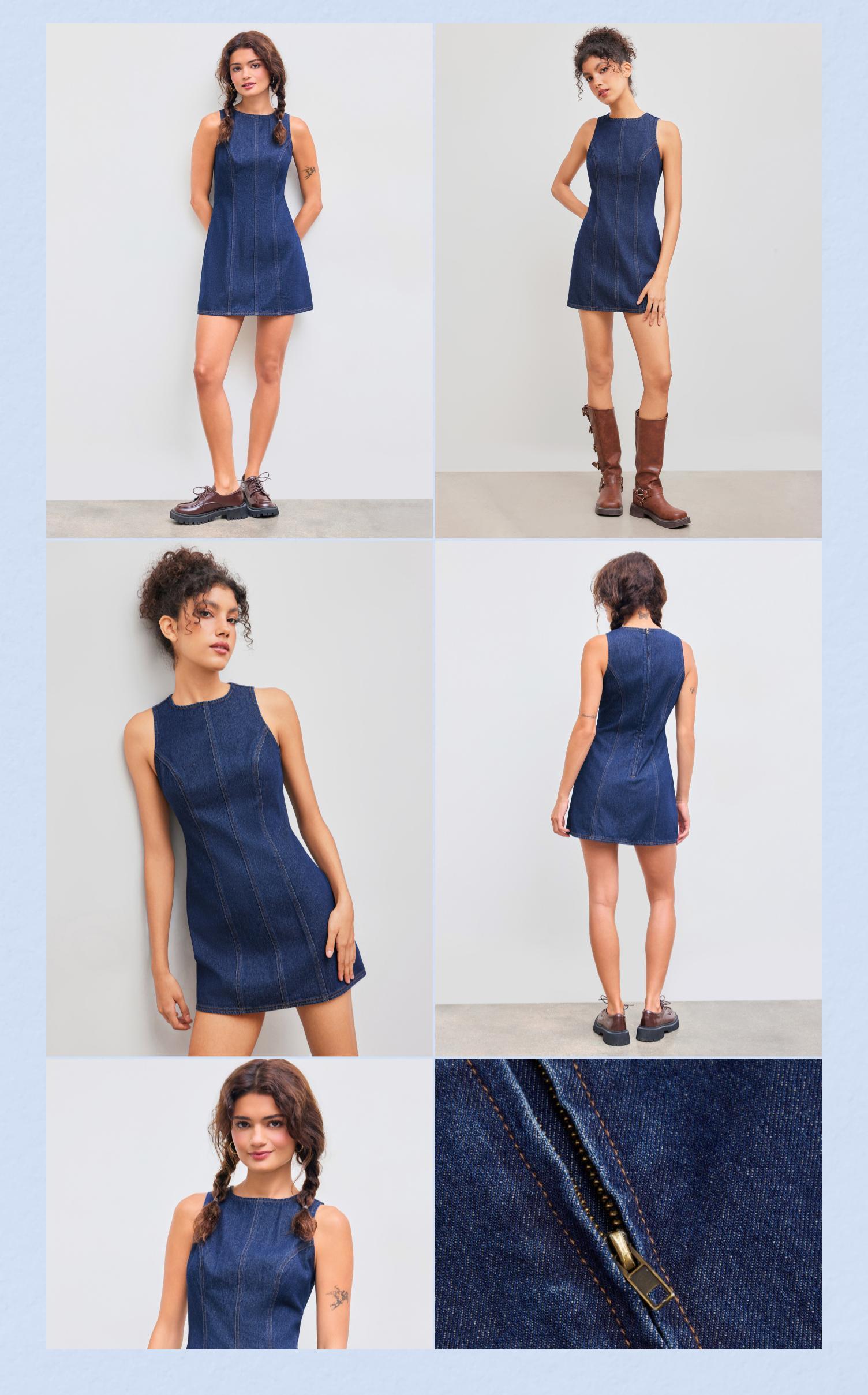 Cider [size 0-10] Denim Solid Zipper Sleeveless Mini Dress