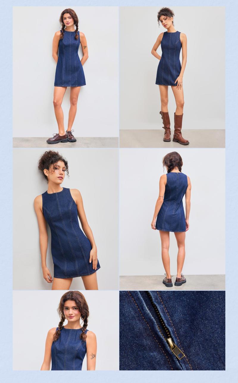 Cider [size 0-10] Denim Solid Zipper Sleeveless Mini Dress