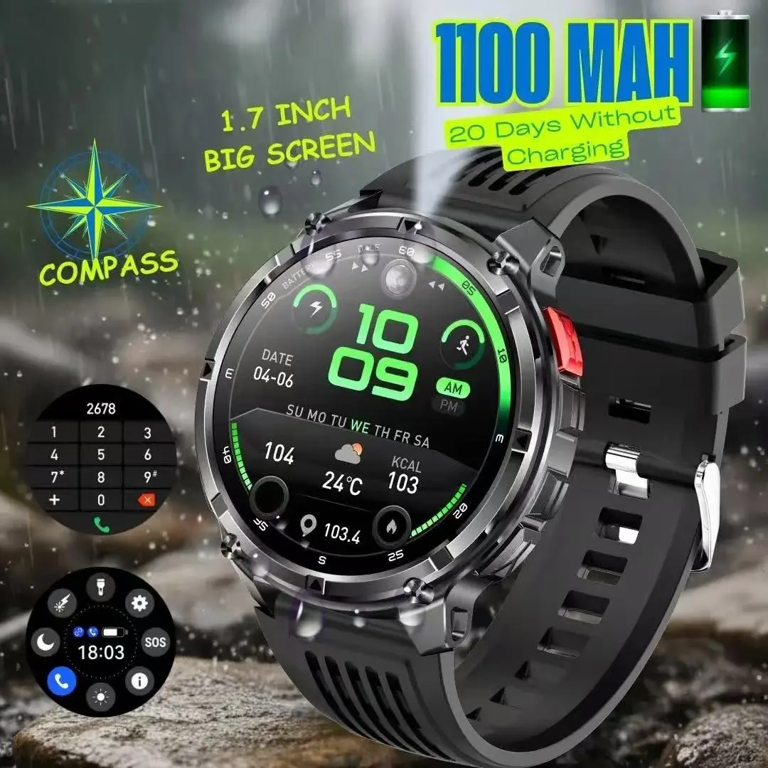 Men's Smartwatch with 1100mah Battery, Flashlight, Waterproof, GPS, Outdoor Fitness Tracker, Ipx-7 Water Resistance, Digital Face