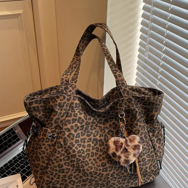 Leopard Print Bag with Plush Pendant, Fashionable Patterned Bag, Large Capacity Tote Bag for Work and Daily Use, Single Shoulder Design, Casual Shopping Bag, Casual Trendy Bag #GLOBAL PICKS