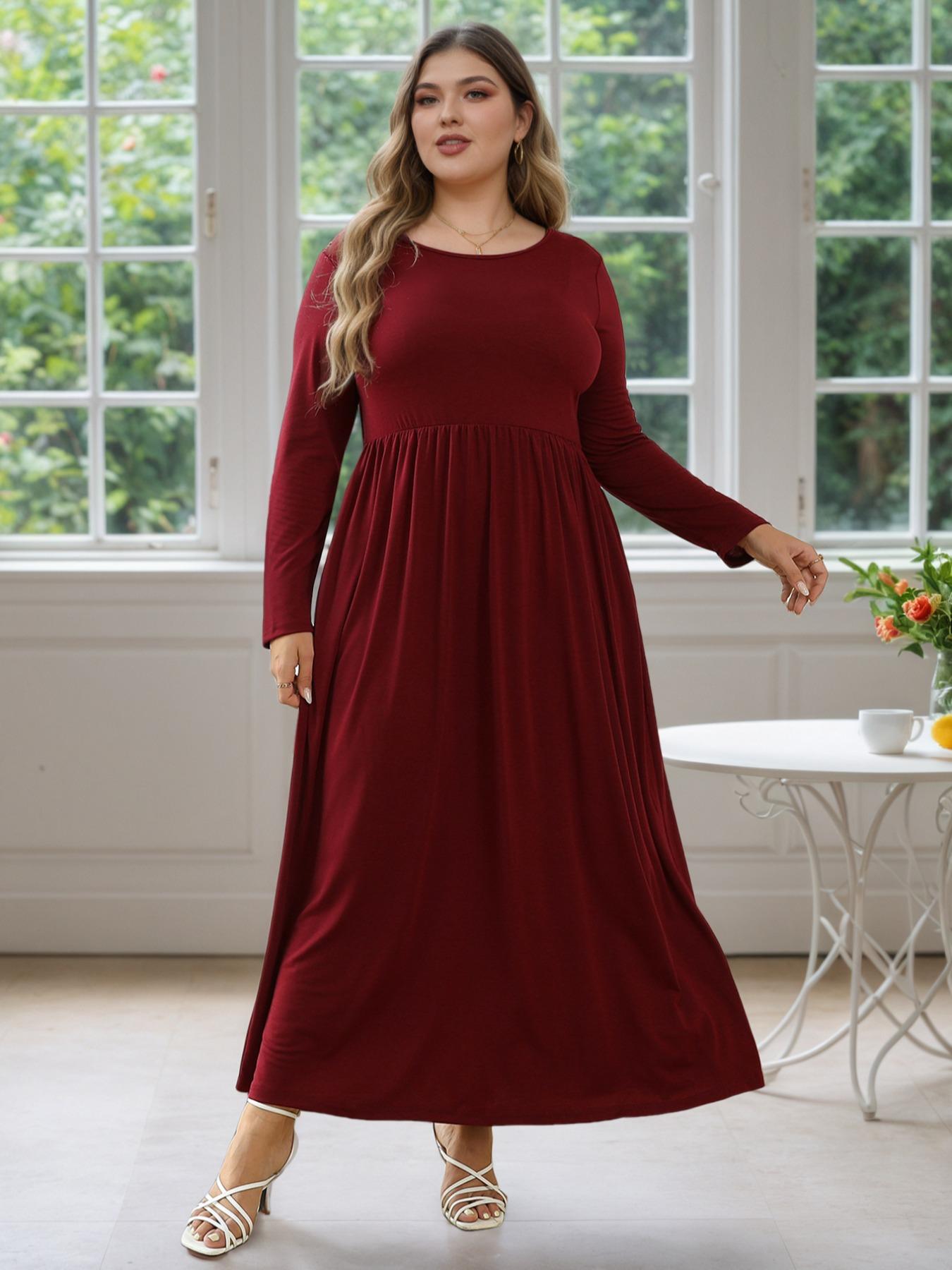 Women's Round Neck Stretchy Casual Fitted Long Plus Size Dress, Perfect for Bridesmaids, Vintage Style Wedding & Party Wear, Comfortable Fabric