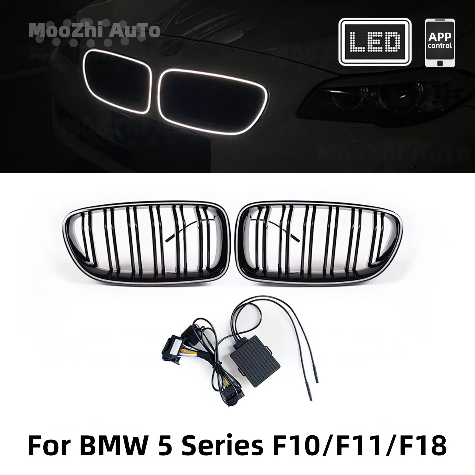 For BMW 5 Series F10 F11 F18 Glossy Black Grille Automotive Car Modification With LED Double Line Grille Bar illuminated Grille 2010-2017 Breathing Light