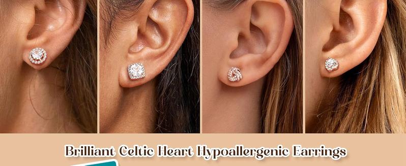 Trendy 4 Pairs Sterling Silver CZ Stud Earrings for Women 14K Gold Plated Brilliant Celtic Heart Big Stud Earrings Set Cubic Zirconia Earrings Studs for Sensitive Ear