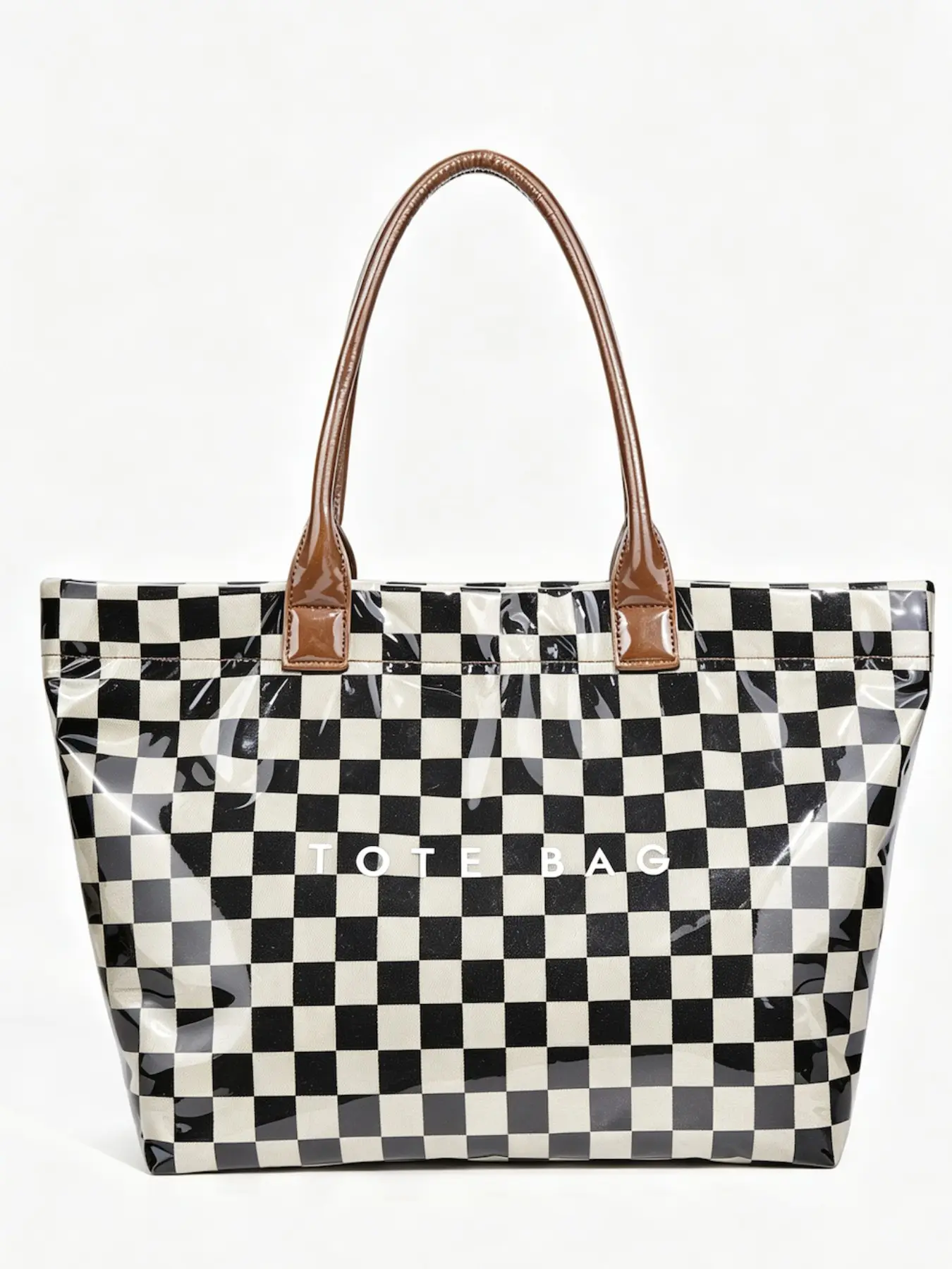 Vintage Black White Checkered Shopping Tote Bag Women, Waterproof Large Shoulder Bag With Inner Zipper Pocket