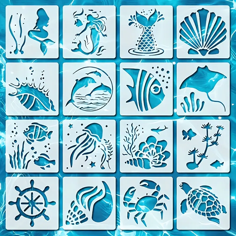 16 reusable marine life templates, 3.9inch marine mermaid templates, suitable for wood, walls, fabric, and art scrapbooking projects, Scrapbooking Supplies, painting, art, and craft templates