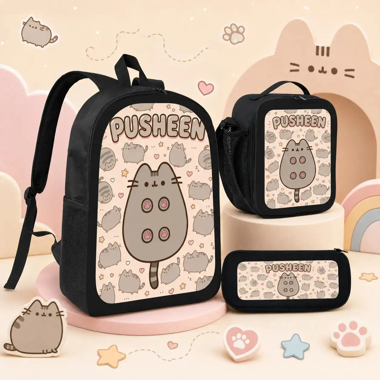 Pusheen Cat Backpack 3pcs Set, Cute Kawaii Double Shoulder School Bookbag with Insulated Lunch Bag & Pencil Pouch, Daily Travel Daypack