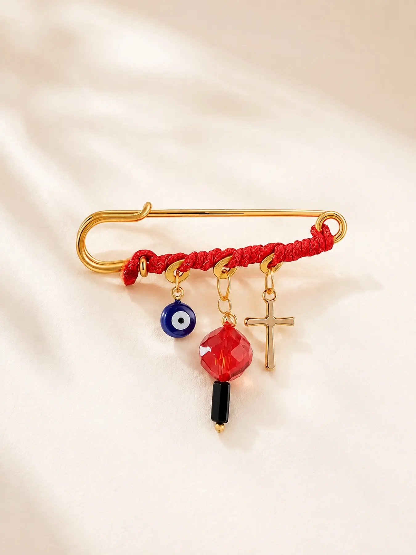 Red String Alloy Brooch Pin for Women, Lucky Charm Safety Pin Jewelry with Evil Eye Bead and Cross Pendant, Fashion Lapel Pin Accessory Gift