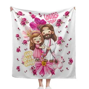 Christian Faith God Is Good Loved You Floral Cartoon Religious Flannel Throw Blanket Pink Rose Flower Jesus And Little Girl Inspirational Warm Cozy Sofa Bed 30*40in 40*50in 50*60in 60*80in US Local Shipping Personalized Photo Hand Knitted Chunky Chenille