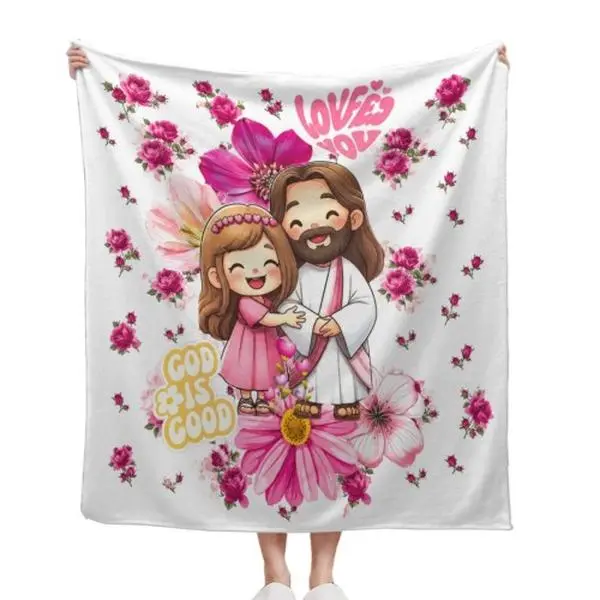 Christian Faith God Is Good Loved You Floral Cartoon Religious Flannel Throw Blanket Pink Rose Flower Jesus And Little Girl Inspirational Warm Cozy Sofa Bed 30*40in 40*50in 50*60in 60*80in US Local Shipping Personalized Photo Hand Knitted Chunky Chenille
