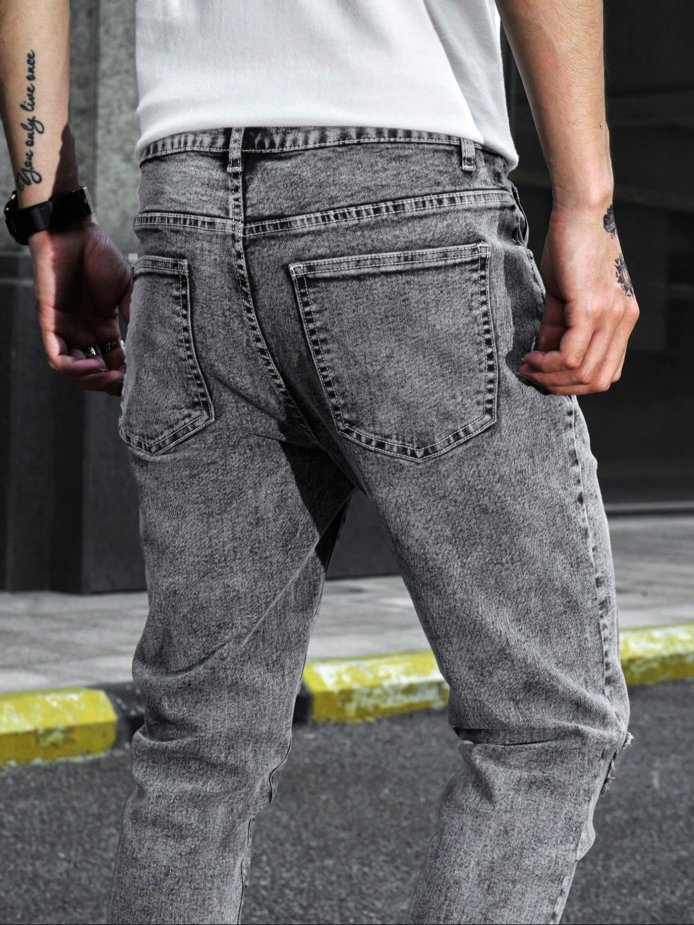 Men's Regular Fit Solid Color Ripped Skinny Jeans, Casual Comfy Denim Pants for Daily Wear, Fashion Men's Bottoms for All Seasons, Menswear, Streetwear, Denim Trouser