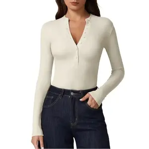 18ACTIVEKITWomen's button up shirt V-neck long sleeved ribbed knit slim basic T-shirt