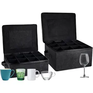 2 Pack Glass Storage Box with Dividers for Mugs Glassware Coffee Cups Stemware, Storage Containers for Packing Moving, Holds 12 Wine Glasses Drinkware (Gray)