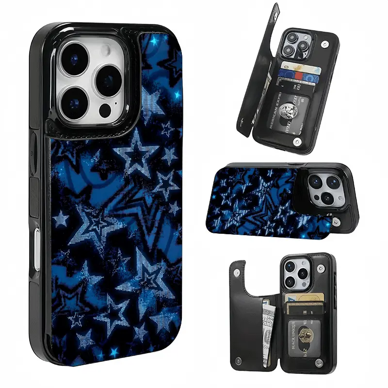 Blue and black fusion star pattern card holder case, This phone case features a card slot function, can store bank cards, transit cards and other cards, suitable for iPhone 17/16/15/14/13/12, and makes a great gift for girls.