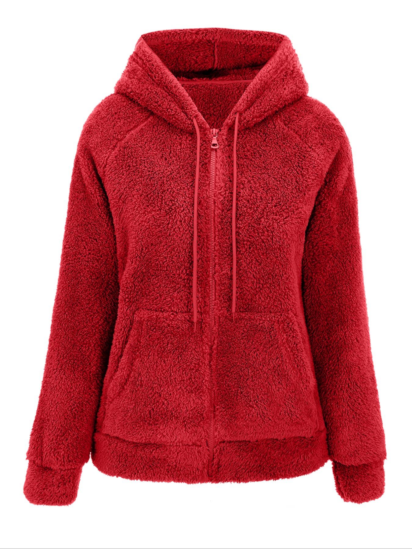 Women's Hooded Plush Jacket with Pockets & Drawstring, Solid Casual Fitted Zipper Outerwear for Spring Autumn Winter All Seasons