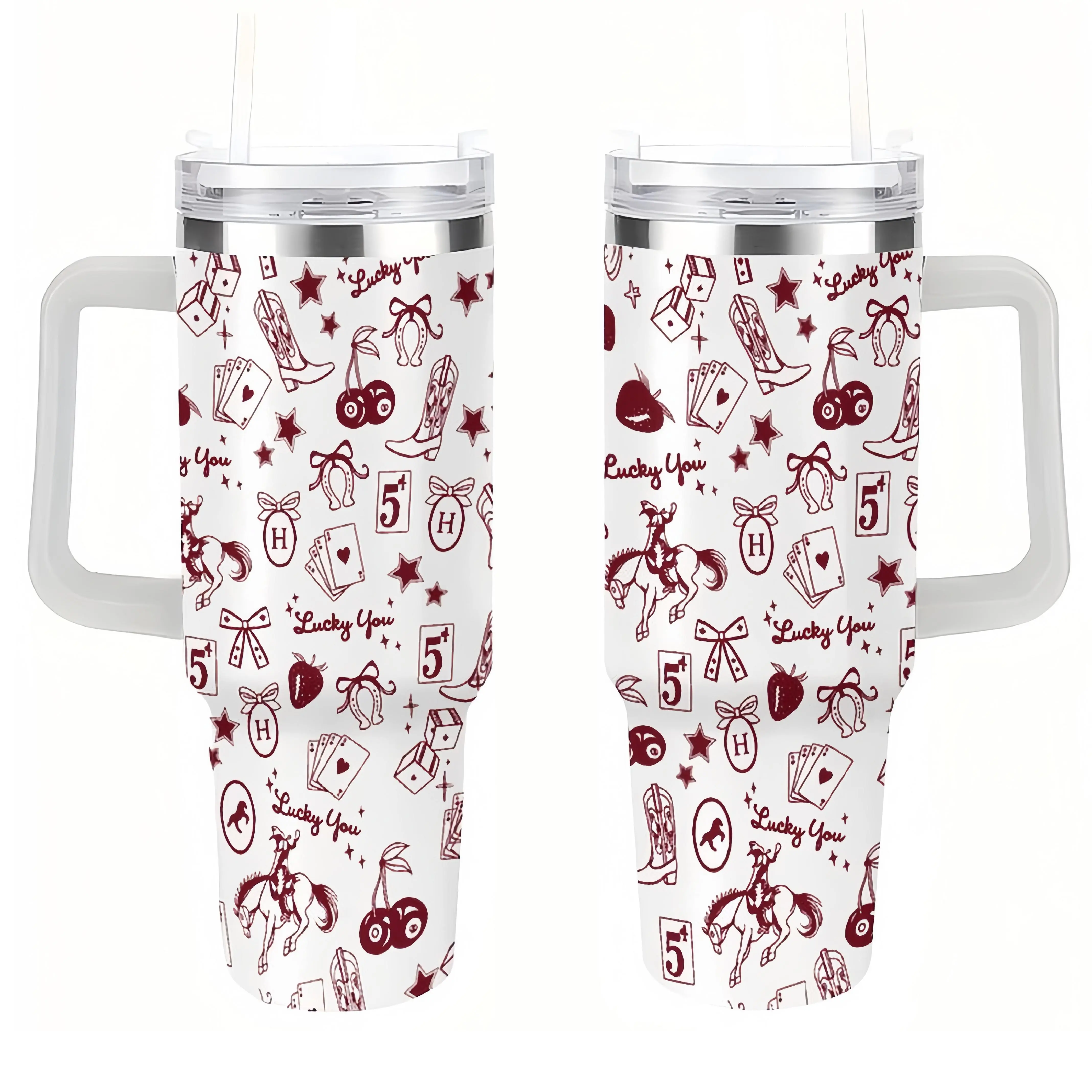 Lucky You 40oz Insulated Stainless Steel Tumbler with 40oz-White Handle, Retro Cowboy Print, Leakproof Lid with Straw, BPA-Free Lead-Free Food-Grade Flask for Outdoor Everyday Use, Plastic, Portable