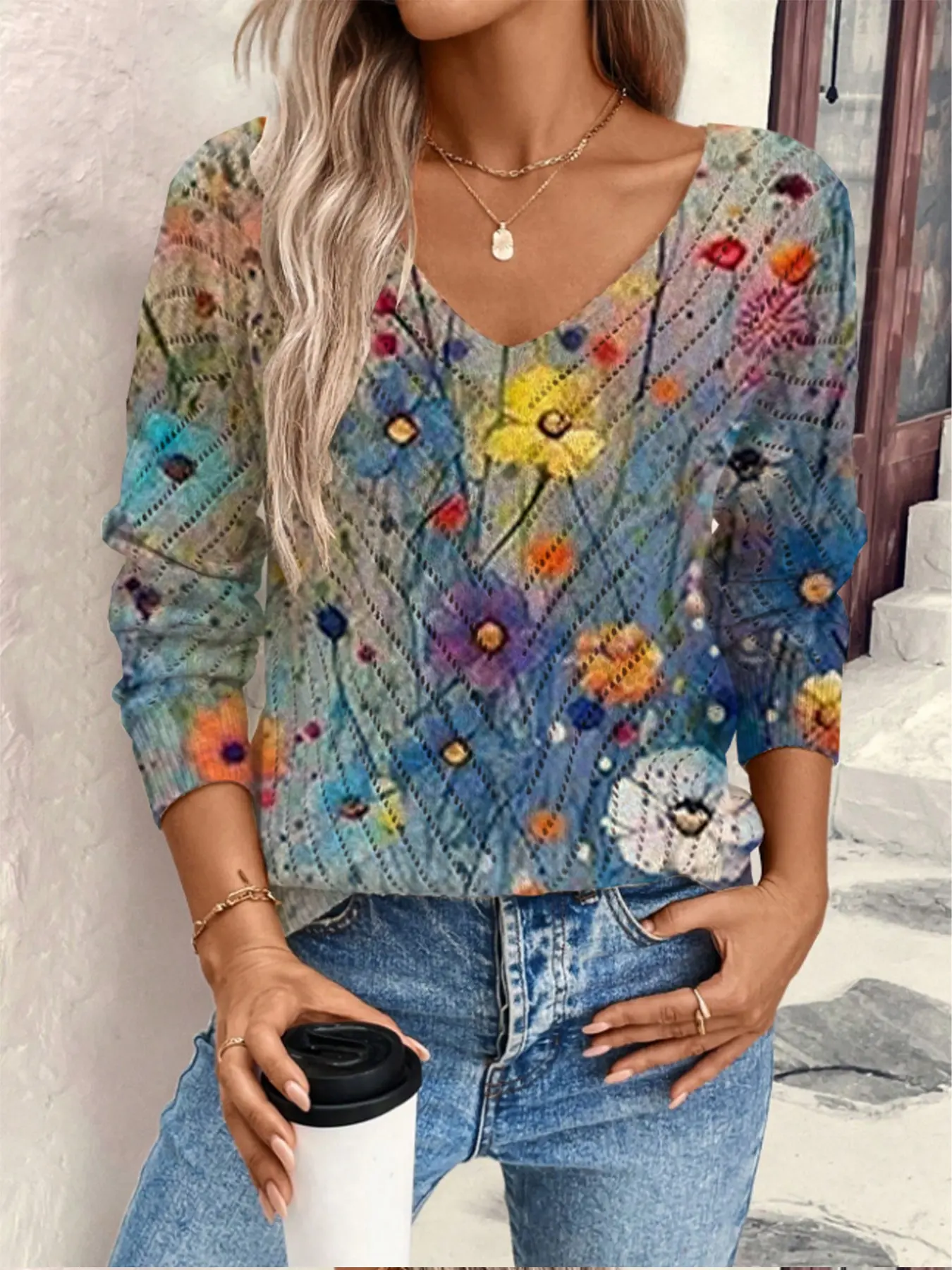 Autumn Floral Print Lace Knit Top, V Neck Long Sleeve, Casual Elegant Commute Versatile, Soft Vacation Style, Women's Fashion, Chic, Cozy Fall Pullover