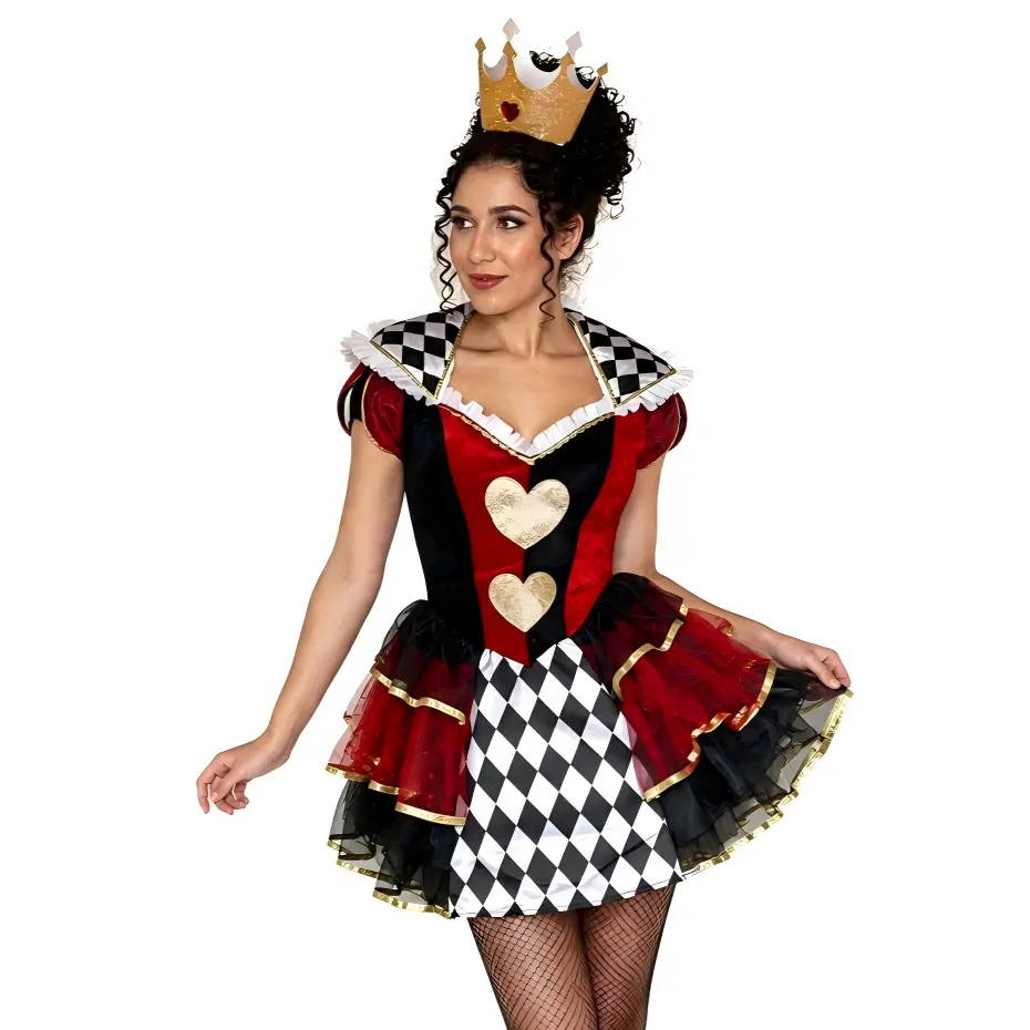 Queen of Hearts Costume for Women, Dark Fantasy Checkerboard Puff Sleeve Dress with Crown, Red Black & White Heart Detail Layered Ruffle Halloween Cosplay Outfit
