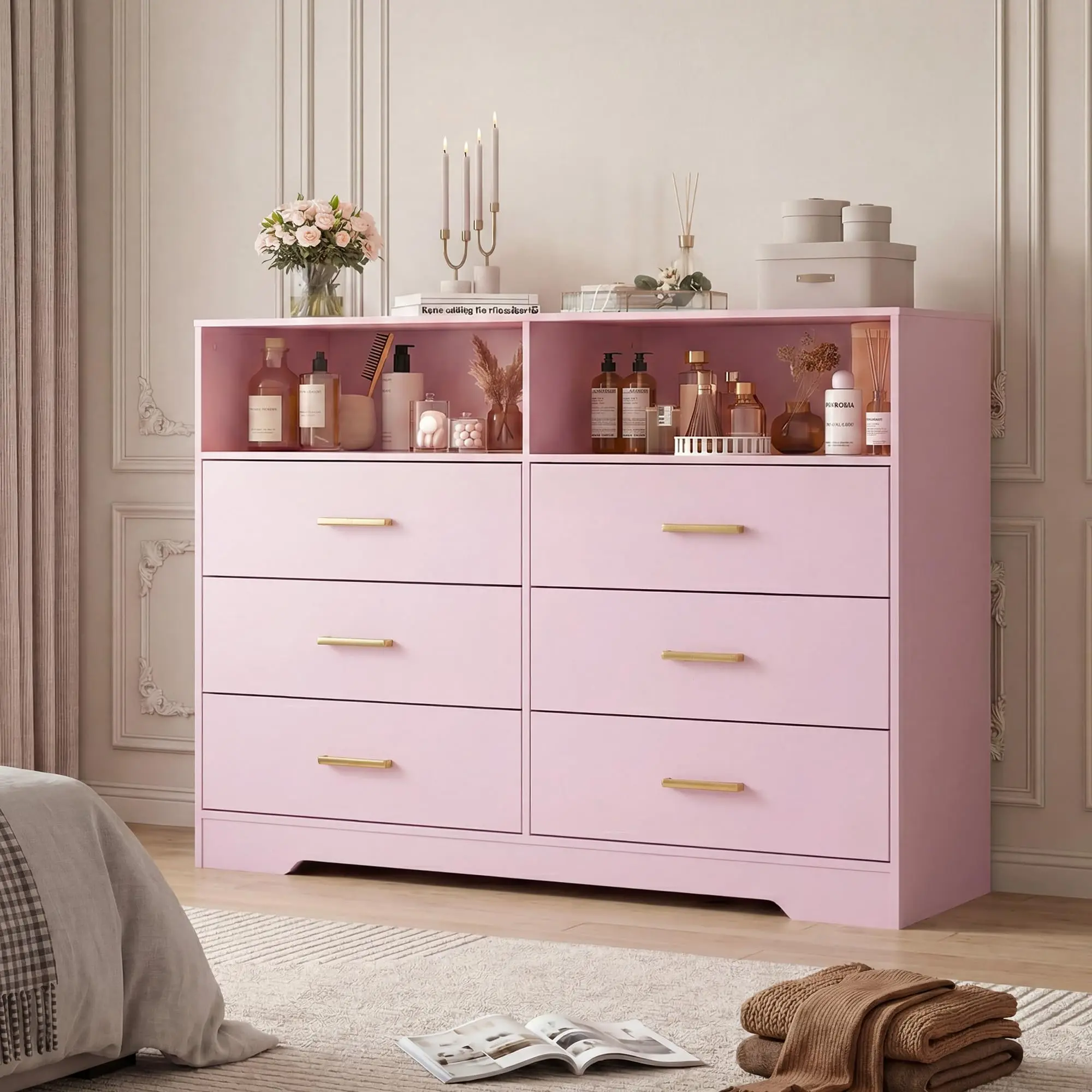 Pink 6-Drawer Dresser with Open Storage Cubbies, PB and MDF Chest of Drawers for Clothing, Makeup and Accessories, Modern Bedroom Organizer for Closet, Apartment, Nursery and Living Room
