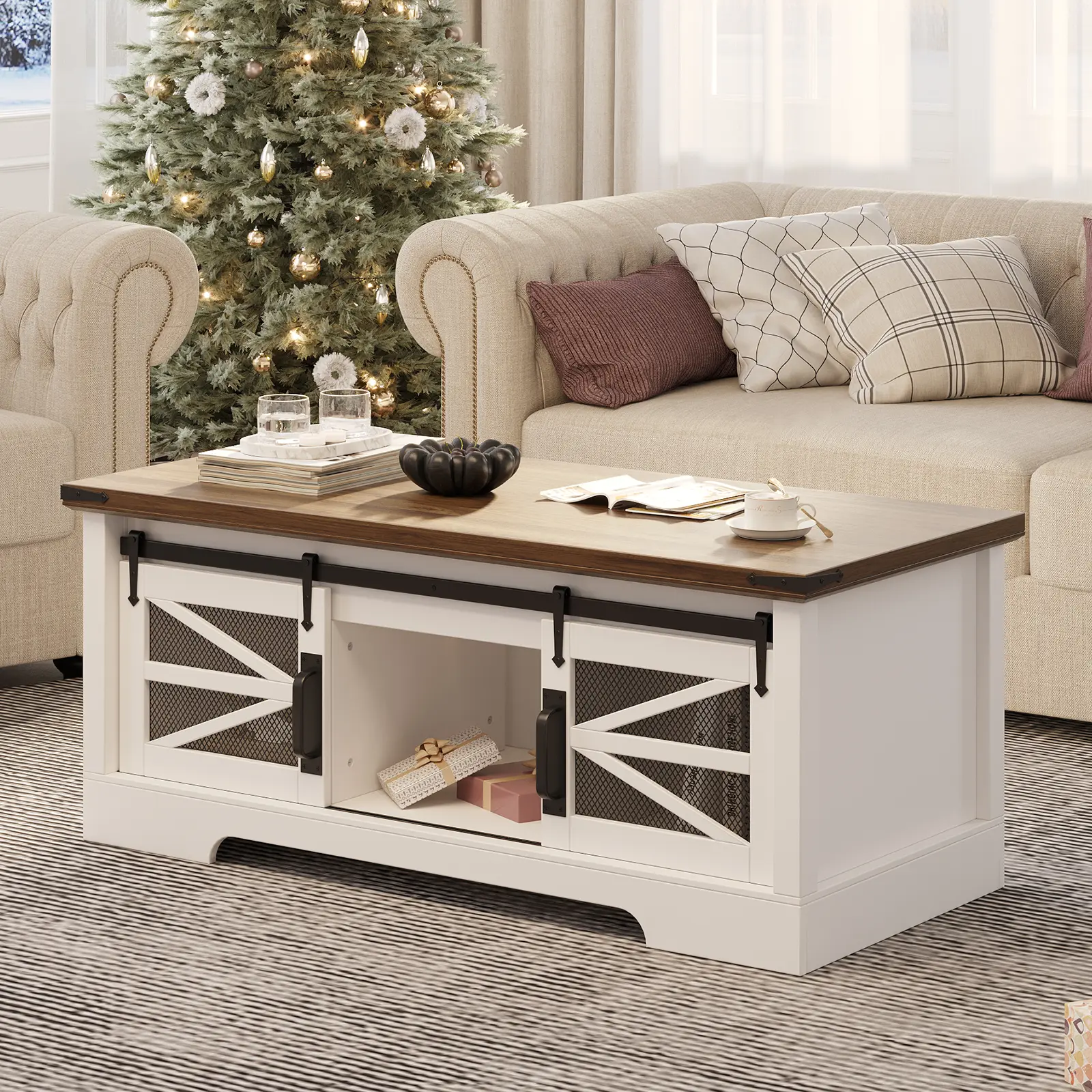 47.2 Inch Lift Top Coffee Table with Hidden Storage Compartment, Farmhouse Adjustable Height Center Table with Sliding Barn Door & Adjustable Shelf, Convertible Dining Work Table for Living Room & Office