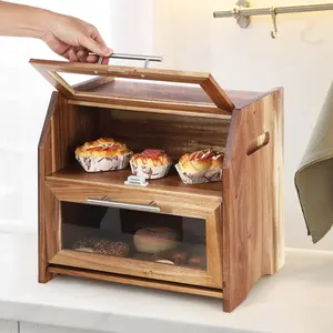 Bread Box, Double Layer Acacia Wooden Bread Bin with Clear Acrylic Door Panel, Air Vents, Countertop Bread Container, Rustic Brown Bread Holder for Home Made Bread, Bagels