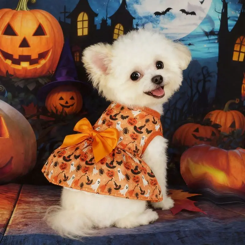 Halloween Pet Dog Dress - Pumpkin & Bat Print with Orange Bow, Cute Princess Costume for Small Dogs, Cats, Pomeranians, Perfect for Halloween Party & Photo Shoot
