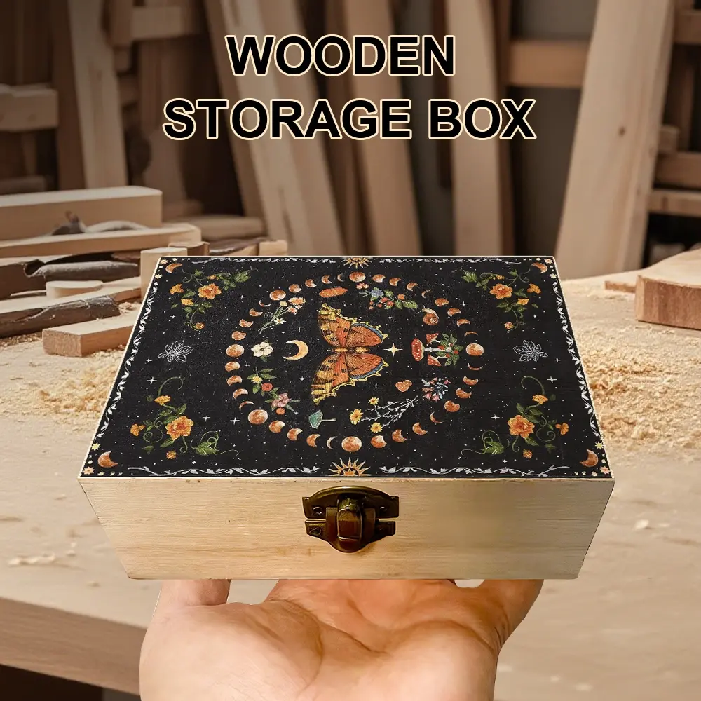 1Pc Wooden Storage Box with Enchanted Moon - Butterfly Illustration, Gift Storage Box, Trinket Organizer, Keepsake Box for Jewelry Organization, Souvenir Storage, Desk Organization, Boho Home Decor