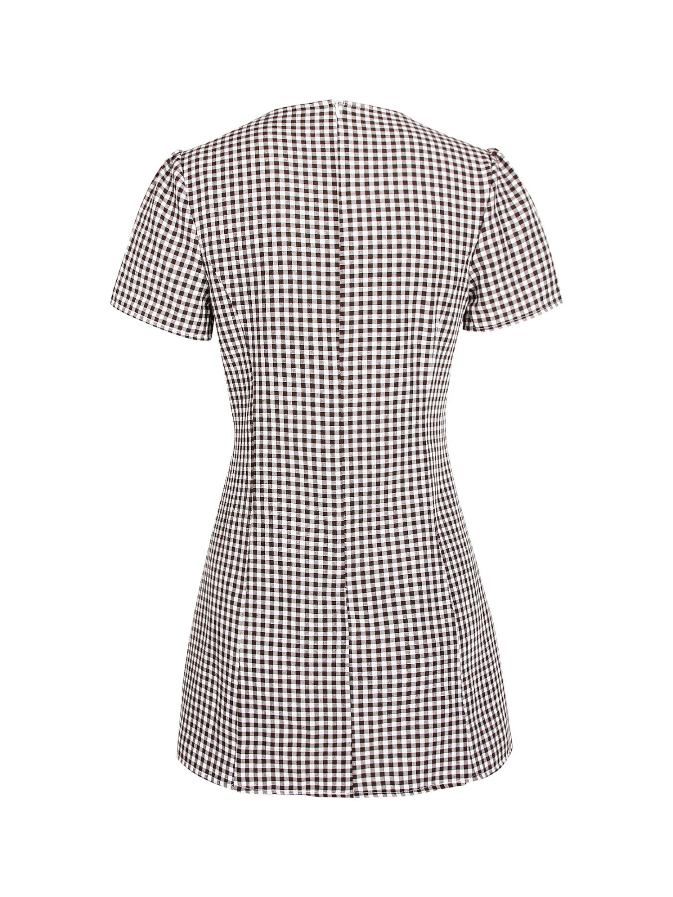 Women's Plaid Print Button Decor V Neck Dress Casual Basic Fashion Short Sleeve Dress for Daily Outdoor Wear Ladies Clothes for All Seasons Sexy Shirt Mini Dress Womenswear