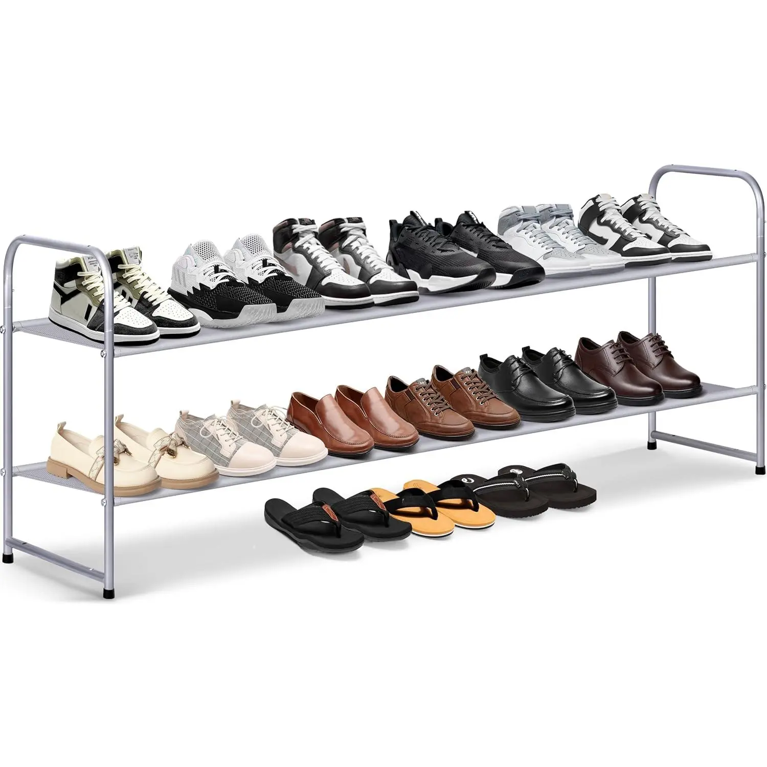 2 Tier Long Shoe Rack for Closet Shoe Organizer Holds 18-Pairs, Wide Low Stackable Shoe Storage Shelf for Bedroom Floor, Men Boots, Women Heels,  Sneakers (Grey)