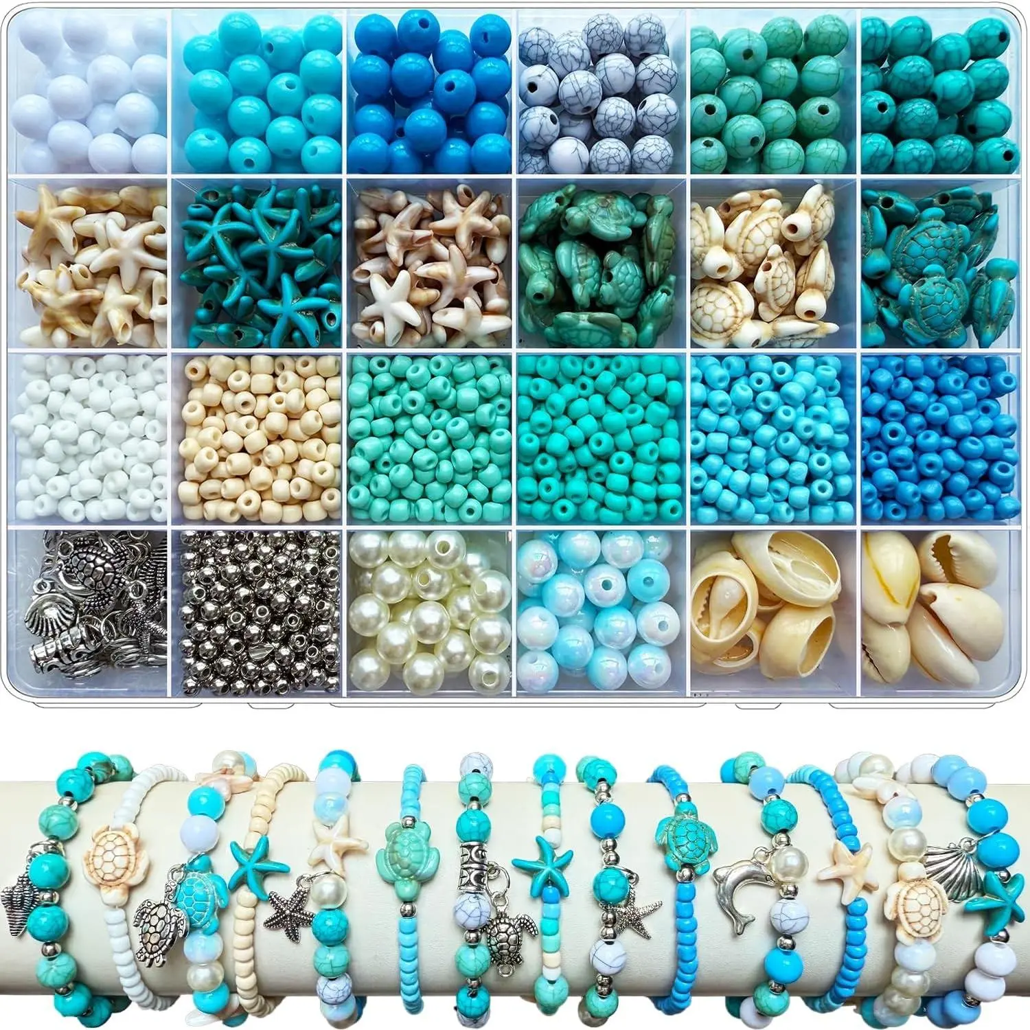 1960Pcs Ocean Beads for Bracelet Making Kit - Blue & White Summer Beach Theme, Sea Turtle Seashell Starfish Shape Beads, 8mm Round Seed Beads for DIY Jewelry, Bracelets & EarringsGift