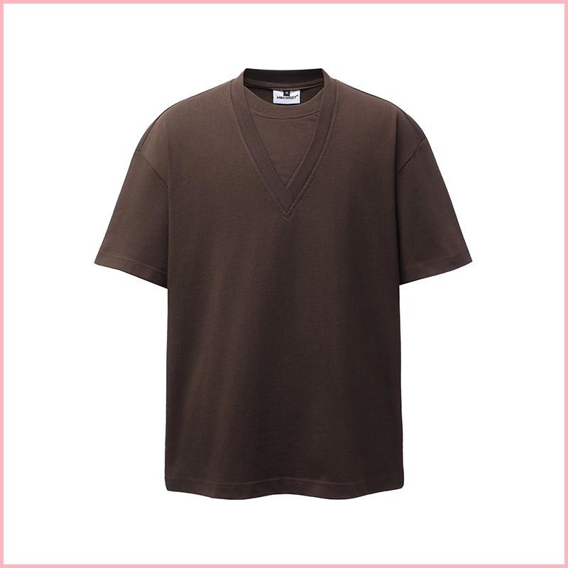 Fake Two-piece V-neck Short-sleeved T-shirt For Men, Loose Casual Design, Pure Cotton Half-sleeve