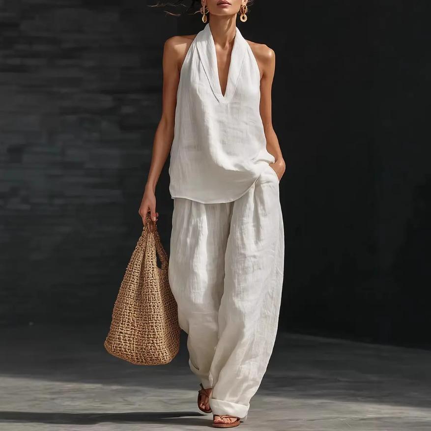 Summer Bohemia Linen Set for Women - Halter Neck Sleeveless Top & Loose Wide Leg Pants, Beach Vacation Brunch Casual Outfit