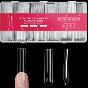 240pcs Transparent Super Long Square Press-On Nails, XXXLl Full Coverage False Tips, 12 Sizes, Nail Tips Art Salon Home DIY, Includes Box