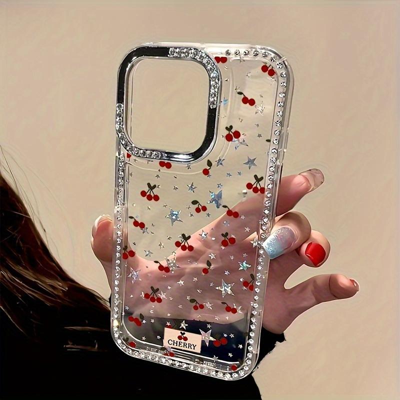 A Full-Screen Cherry Phone Case Featuring a Large Hole Rhinestone Frame with Stars, Designed for Iphone17 16 Pro Max, 15 Plus, 14, 12. This Protective Cover Makes a Great Gift for Christmas, New Year, Easter, And Halloween