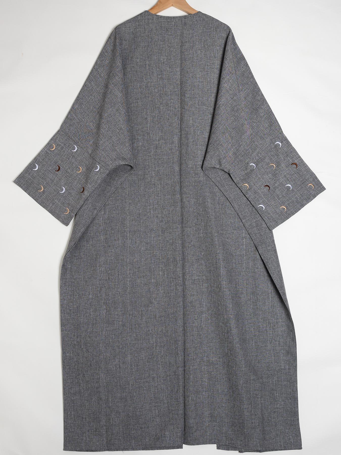 Arabic Clothing- Women's Moon Embroidery Abaya without Hijabs, Summer Outfits 2024, Modest Casual Long Sleeve Open Front Muslim Abaya, Islamic Clothing