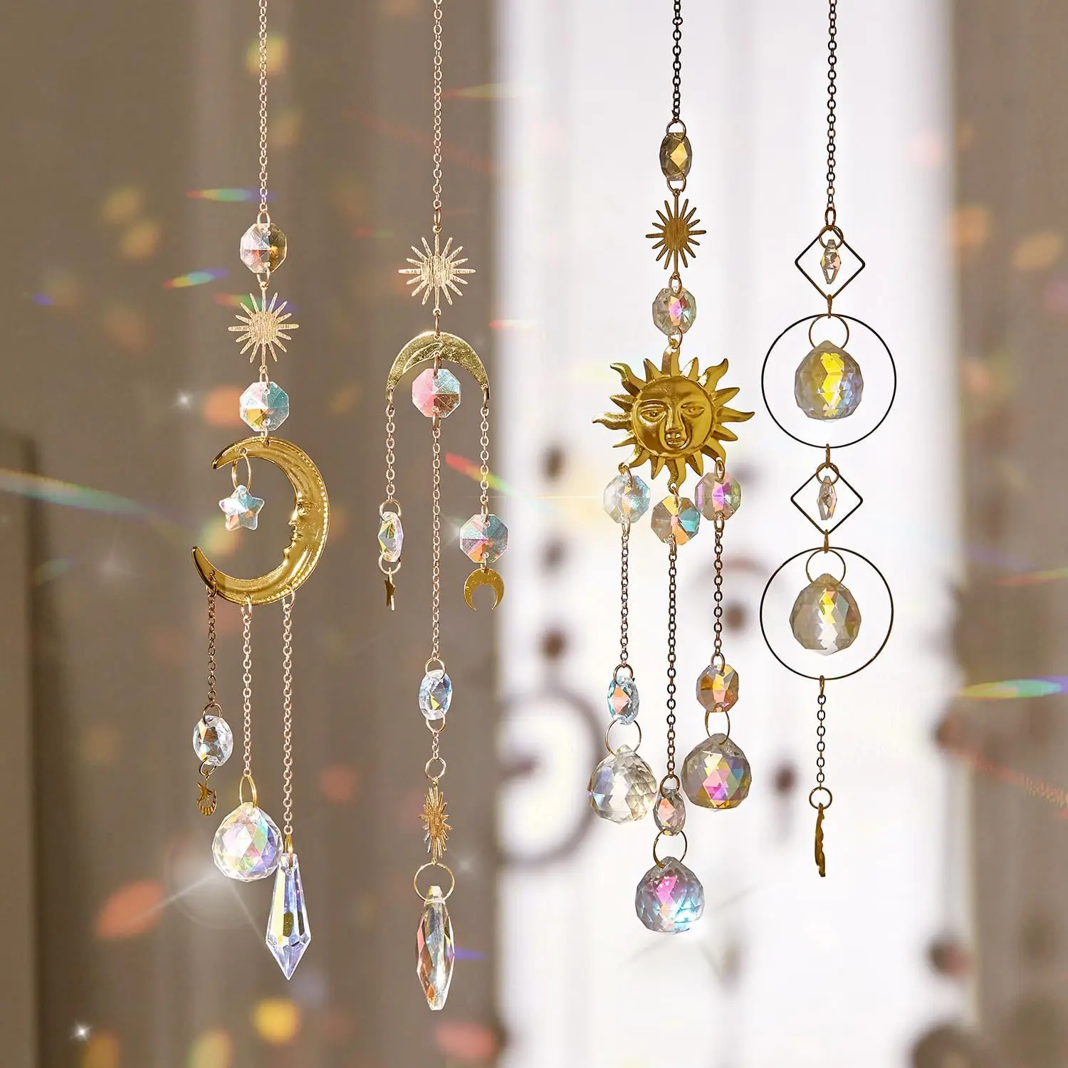 4PK Crystal Suncatcher for Windows Hanging Decor, Prism Sun Catcher with Chain and Hook, Rainbow Maker for Ceiling Garden Home Indoor Ornaments