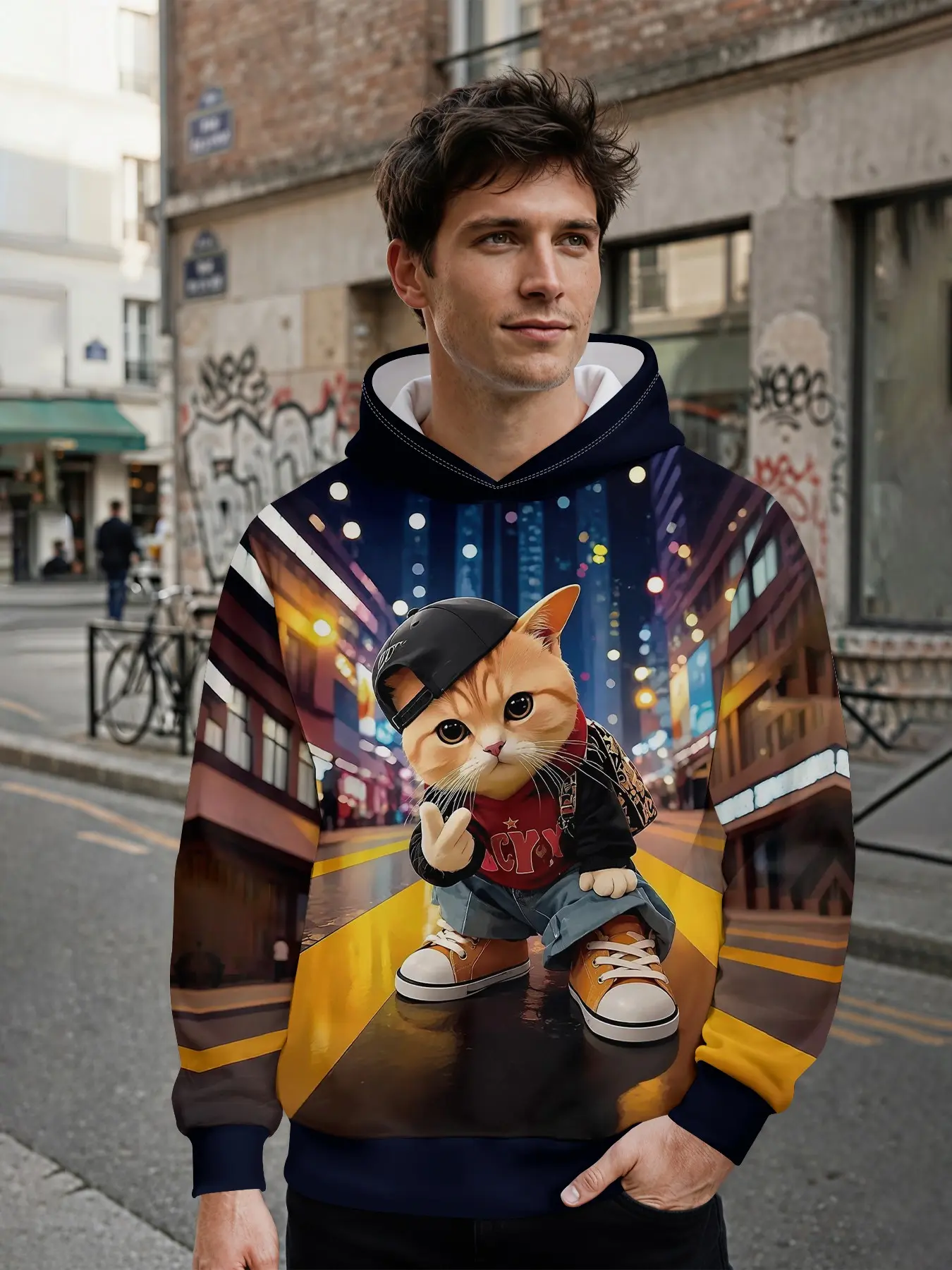Men's Hoodie, Cool Night-Style Cat Print Urban Casual Hoodie, Vintage Ethnic Feather White Wolf Print Vacation Casual Top. It stands out for daily outings and music festival outfits, making it an ideal holiday gift for men.