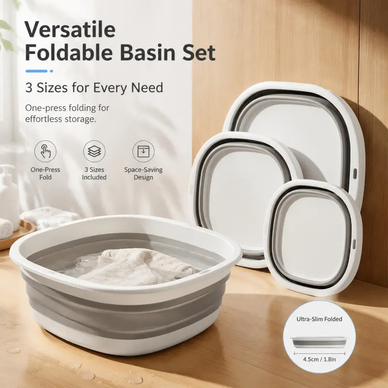 3-Piece Multifunctional Collapsible Basin Set. Press-to-fold plastic basins, ultra-thin after storage to save space. Multiple sizes fit whole family, suitable for laundry, camping and daily home use.