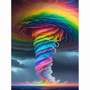 Colorful Rainbow Tornado with Lightning Over the Ocean Diamond Painting Kit, Surreal Abstract Swirl Art with Vibrant Multicolored Clouds, High-Quality Full Drill Round & Square Rhinestone Mosaic, 5D DIY Handmade Cross Stitch Home Wall Decor