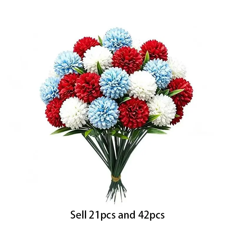 Realistic Daisy Bouquet Blue, Patriotic Memorial Day Floral Arrangement, Durable Silk Rose Artificial Flowers for Cemetery Decoration