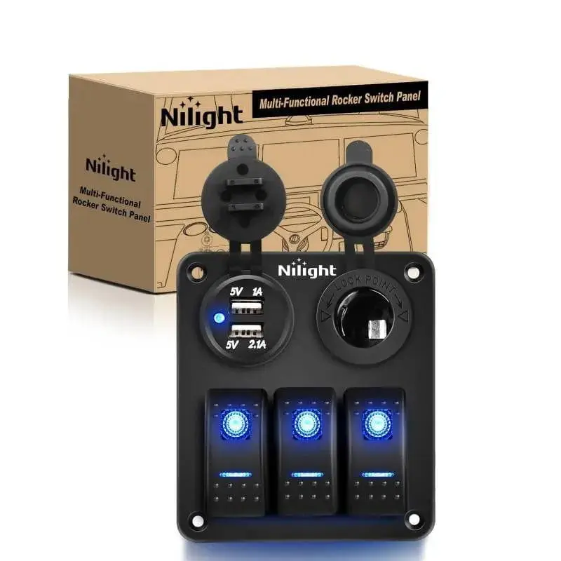 Nilight 3-Gang Metal Waterproof Switch Panel, Aluminum 5-Pin ON/OFF Blue Rocker, 3.1A Dual USB Charger, 12V DC Cigarette Lighter Socket, DIY Stickers, 132pcs Night Glow Stickers, Plastic Components | Father's Day Gift, 3 Gang Switch Panel