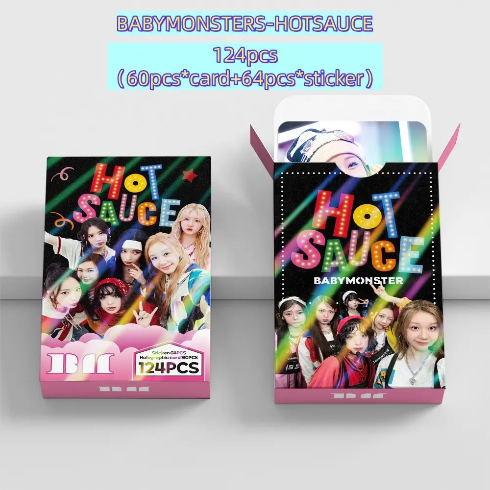 124 Pieces Babymonster Hot Sauce Album Photo Cards and Stickers Set, 60 Photo Cards + 64 Stickers, Wall Decor, Party Gifts, Valentine's Day Gift