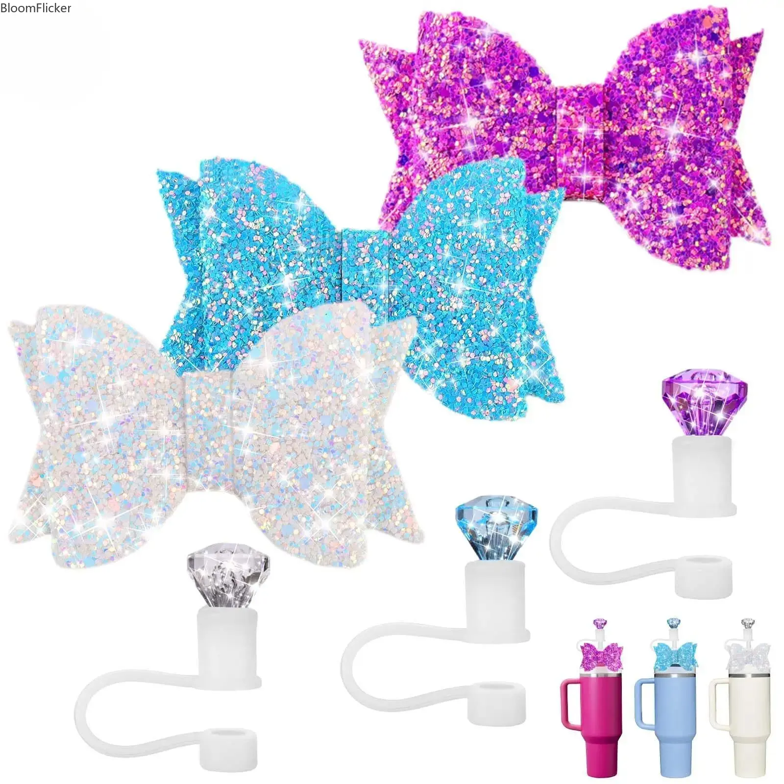 3 Pack Glitter Bow Straw Toppers For Stanley Cups, Cute Diamond Silicone Reusable Straw Cover Caps, Dust Proof Straw Tip Plugs, Adorable Decorative Tumbler Cup Accessories For Daily Drinkware Styling