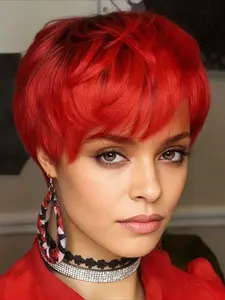 1B/Red Ombre Color Pixie Cut Human Hair Wig for Women Full Machine Made Wig 150% Density 6 Inch