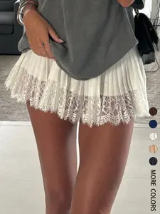 Y2k Lace Mini Skirt Women Low Rise Pleated Ruffle Tiered Half Slip Elastic Waist Flowy Mesh Sexy Short Underskirt