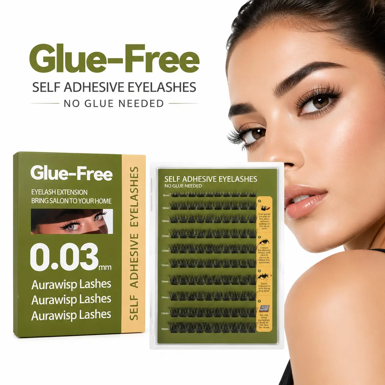 Glue Free Self Adhesive Cluster Lash Extensions 0.03mm Soft Wispy Mixed 9-16mm Reusable DIY Lashes for Sensitive Eyes