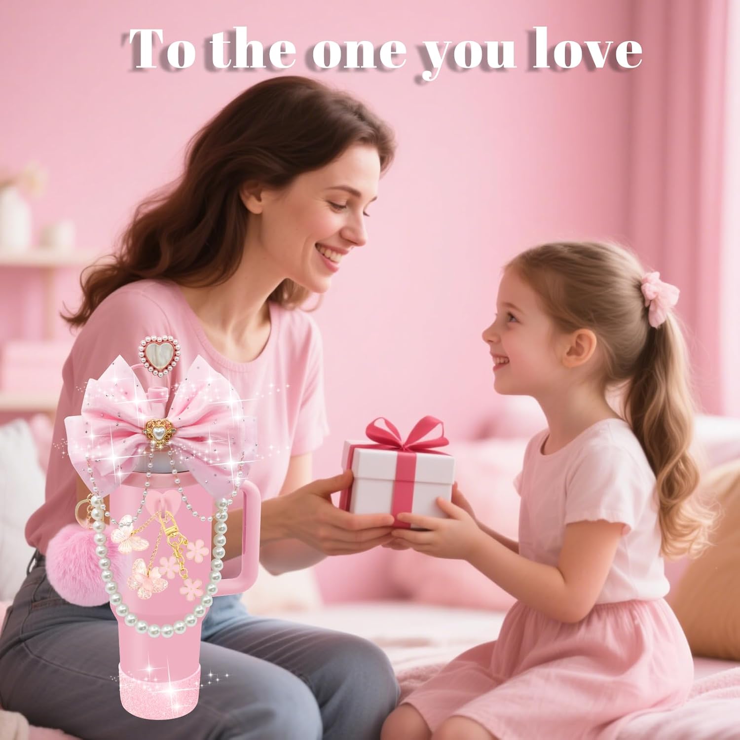 Pink Stanley Cup Accessories Kit with Glitter Bow Straw Topper Heart Cover Pearl Handle Strap Boot Pom Pom Charms for 40 30 20 Oz Tumblers