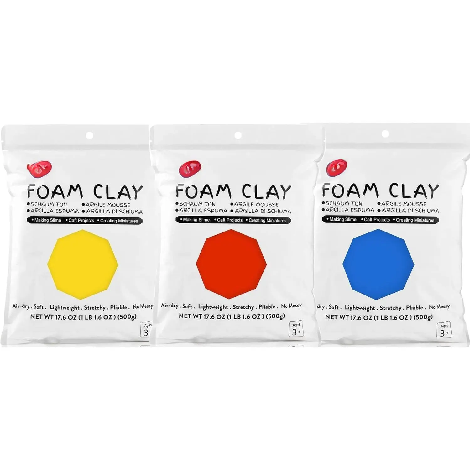 Air Dry Sculpting Clay Kit - 3-Pack Primary Colors (Red, Blue, Yellow), 3.3 Lbs Clean Squishy Soft Clay for All Ages School Projects & DIY Crafts, Foam Clay