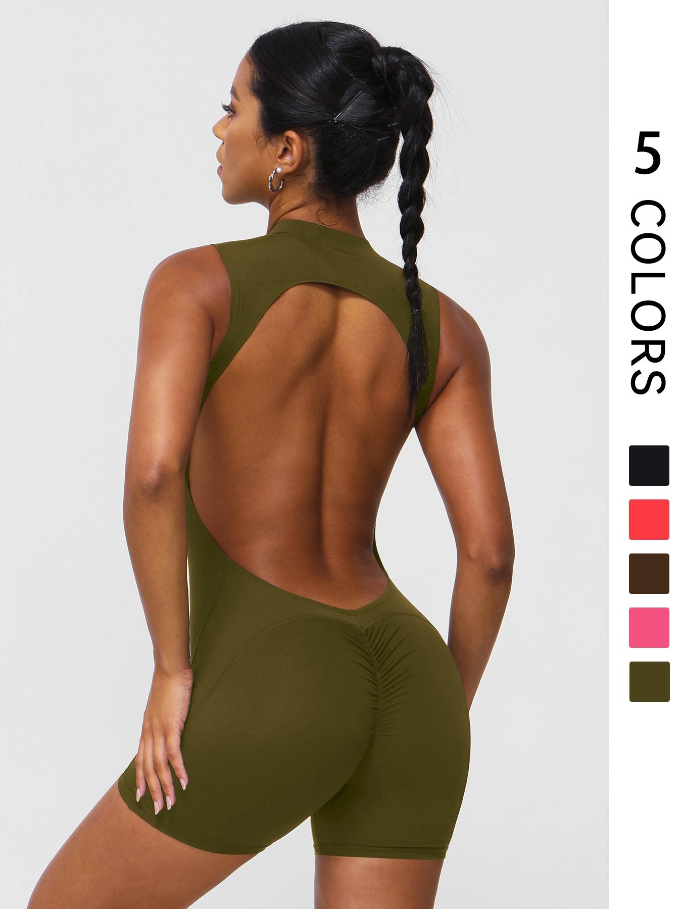 Women's Solid Color Sporty Jumpsuit, Sexy Tight Fit Sleeveless Backless Design, Fashionable Comfortable Yoga Fitness One-Piece Sporty Comfy Jumpsuit